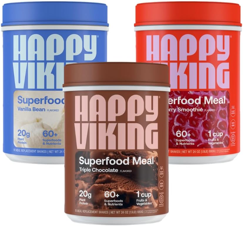 Happy Viking Chocolate, Vanilla and Strawberry Powder, by Venus Williams, 20G Protein, Low Carb, Keto, Vegan, Gluten-Free, Superfoods, Complete Meal Replacement, 3 Canisters (24 oz. Each)