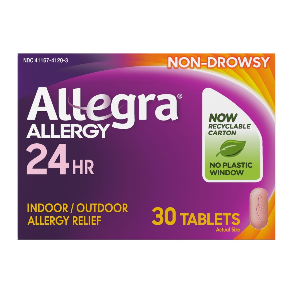 Allegra Comprimés antiallergiques adultes 24 heures sur 24, médicaments antiallergiques intérieurs et extérieurs non somnolents, 180 mg Fexofenadine HCI Antihistamine Pill, 30-Count