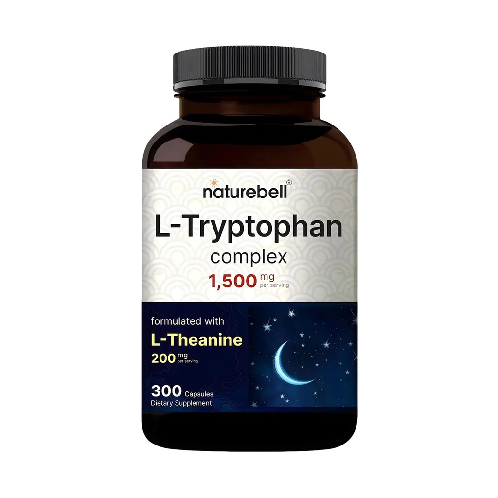NatureBell L Tryptophane 1300mg avec L Theanine 200mg, 300 Capsules.Forme active libre, supplément à base de plantes – formule calme, soutient la relaxation – non-OGM et sans gluten