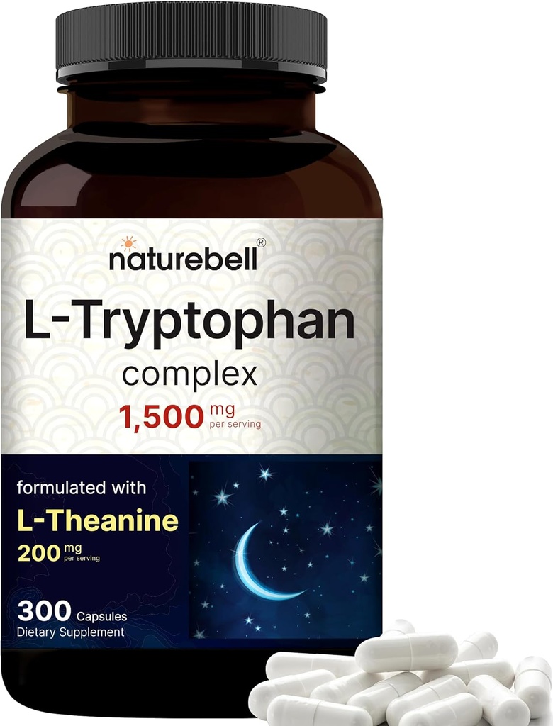 NatureBell L Tryptophane 1300mg avec L Theanine 200mg, 300 Capsules.Forme active libre, supplément à base de plantes – formule calme, soutient la relaxation – non-OGM et sans gluten