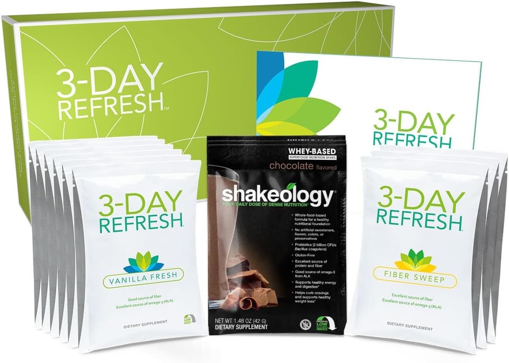 BODi 3-Day Refresh Complet Kit – Shakeology, Vanilla Fresh Protein Shake, Fiber Sweep, Guide de programme pour manger propre, perdre quelques livres, énergie et bien-être améliorés, nettoyage corporel