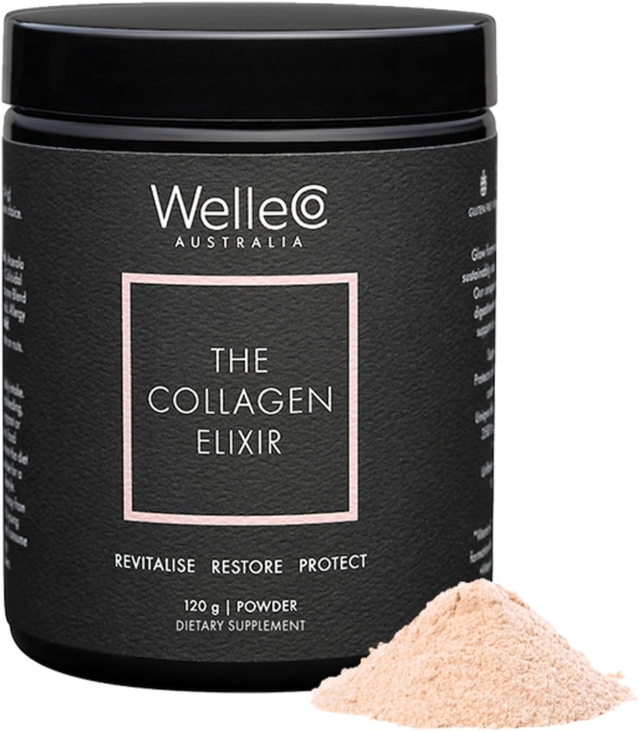 WelleCo L'élixir de collagène, poudre de peptides de collagène marin avec acide hyaluronique, vitamine C, enzymes digestives et silice pour peau, cheveux et ongles, non aromatisé, 4,23 oz