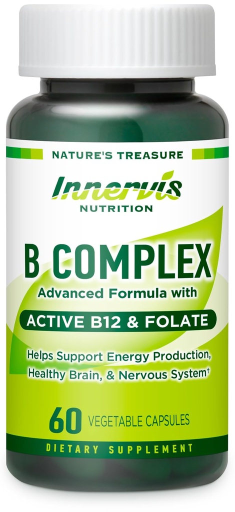 Complexe bioactif B avec B12 actif et folate – soutient l'énergie, le cerveau et la santé nerveuse, 60 capsules végétaliennes
