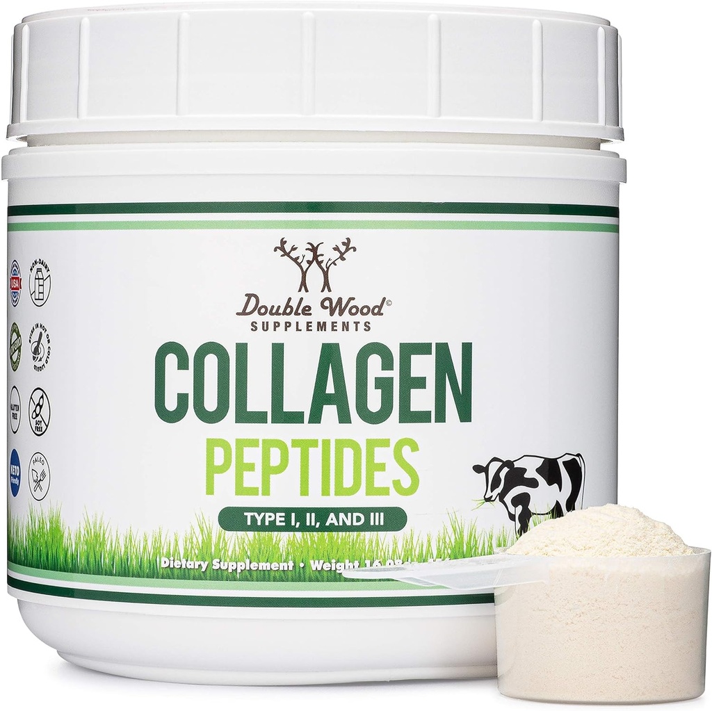 Collagène Peptides Poudre - Collagène hydrolysé, Céto sans danger - 16,08 oz - Multitype 1, 2 et 3 (Grass Fed Bovine Source)(Colageno Hidrolizado) Collagène Suppléments pour les femmes et les hommes par double bois