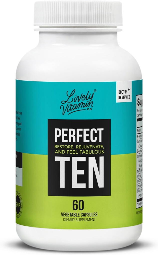 VITAMIN CO LIVELY. Perfect Ten - Supplément anti-âge et antioxydant - Biotine et acide lipoïque - Cheveux sains, peau, ongles - Boost énergétique - Fonction cérébrale plus aiguë - Immunité plus forte - 60 capsules