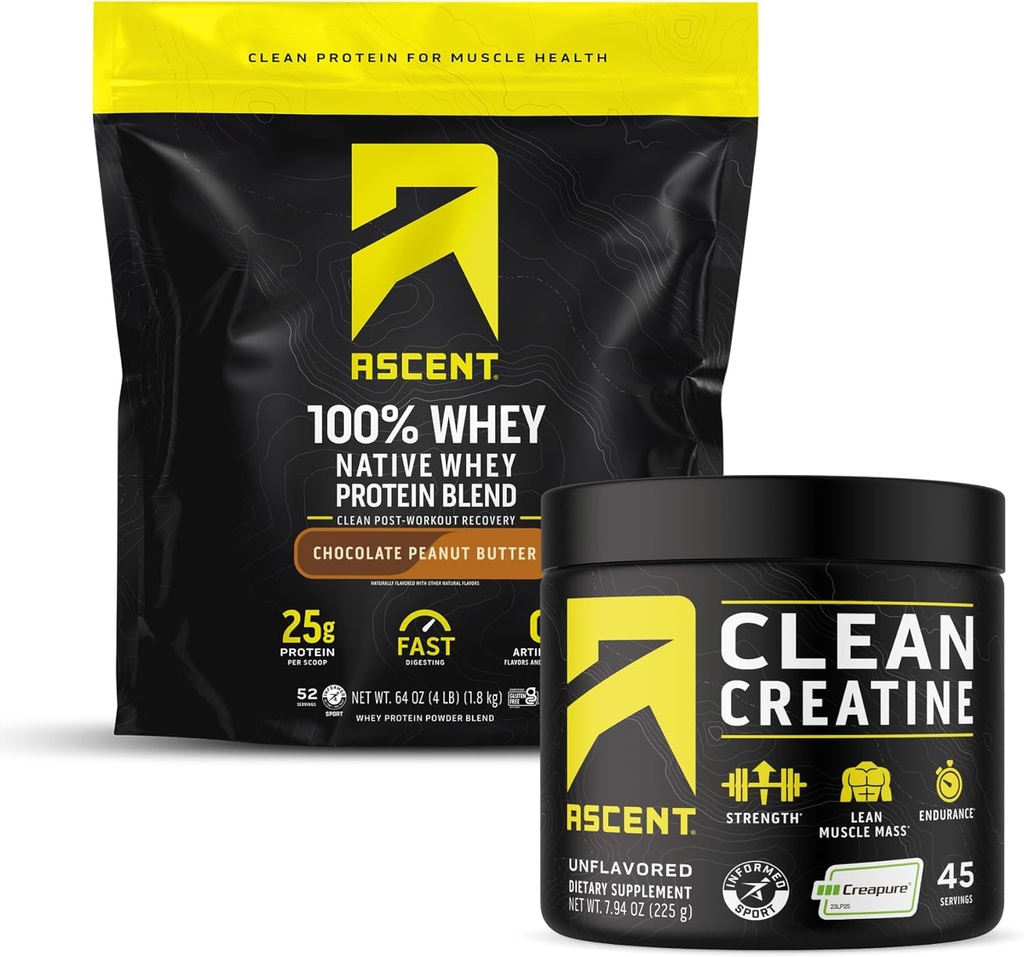 Ascent 100% Whey Protein Powder, Chocolate Peanut Butter 4 lb & Creatine Monohydrate Powder, Unflavored 45 Servings