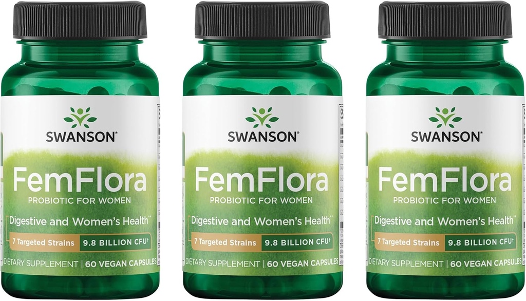 Swanson FemFlora - Supplément probiotique féminin appuyant la flore de la bouche, du tube digestif et de la vagine - Probiotiques pour les femmes avec 9 Million CFU par gélule - (60 Capsules) (3 Pack)