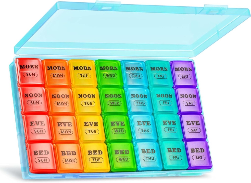 XL Large Weekly Pill Organizer 4 fois par jour, 7 jours Pill Boxes and Organizer AM PM, Gros Compartiments Pill Case, Mensuel Medicating Organizer 28 jours Distributeur d'huiles de poisson