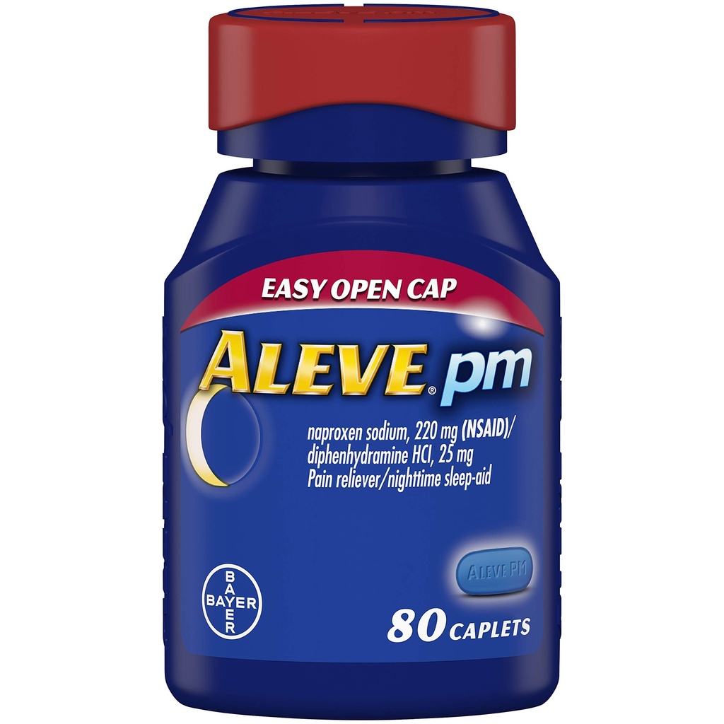 Caplets Aleve PM, aide au sommeil à action rapide et soulagement de la douleur pour les maux de tête, les douleurs musculaires, formant 220 mg de sodium Naproxène et 25 mg de HCl Diphenhydramine, 80 nombre