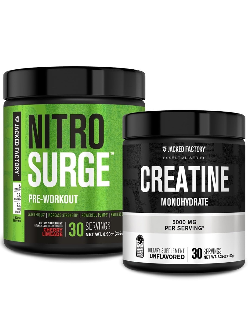 Supplément préentraînement de l'usine Jacked NITROSURGE (Cherry Limeade) Poudre monohydratée de créatine (150g) pour la croissance musculaire, la force accrue, l'énergie accrue