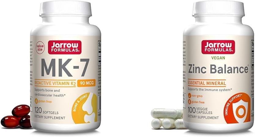 Jarrow Formulas MK-7 90 mcg - Bioactive Form of Vitamin K2 & Zinc Balance 15 mg - 100 Servings (Veggie Caps) - Includes Copper