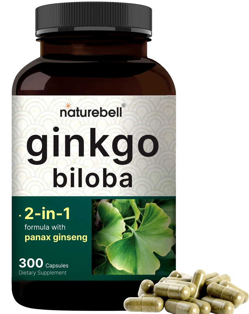 NatureBell Ginkgo Biloba 6 000mg avec Panax Ginseng 500mg par portion de $ 300 Capsules – Max Streng Ginko Biloba Extract Suppléments - favorise la mémoire, la concentration et la santé cérébrale