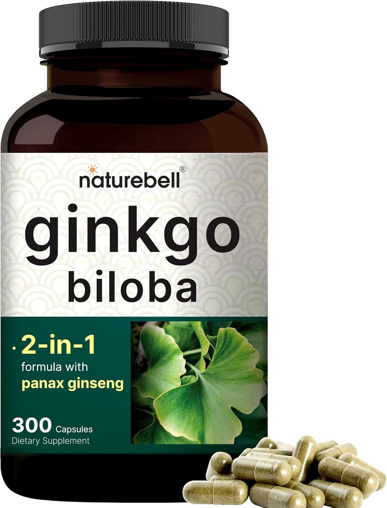 NatureBell Ginkgo Biloba 6 000mg avec Panax Ginseng 500mg par portion de $ 300 Capsules – Max Streng Ginko Biloba Extract Suppléments - favorise la mémoire, la concentration et la santé cérébrale