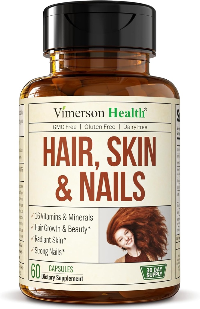 Biotine Vitamines de cheveux, de peau et d'ongles pour les femmes et les hommes. Suppléments pour cheveux forts, peau radiante et croissance des ongles. Supplément Biotin & Folate pour les femmes. 60 gélules