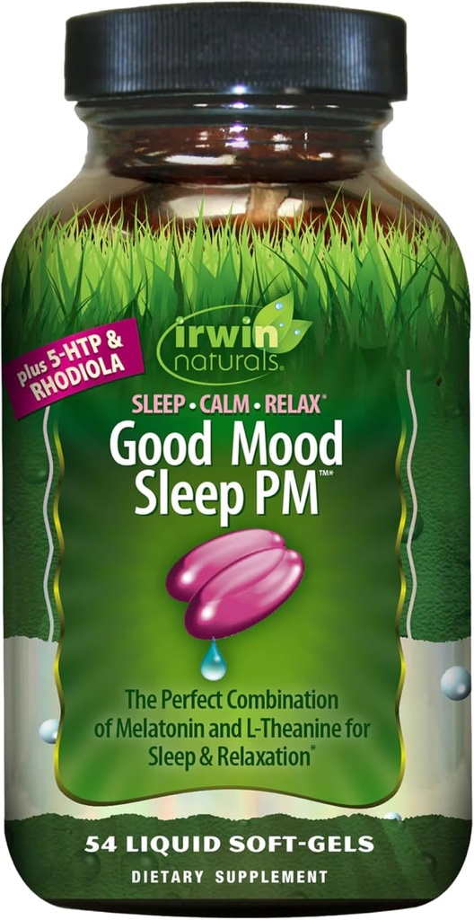 Irwin Naturals Bonne humeur Sommeil PM - 54 Softgels liquides - avec Melatonine et L-Theanine pour le repos et la détente - 18 Total des services
