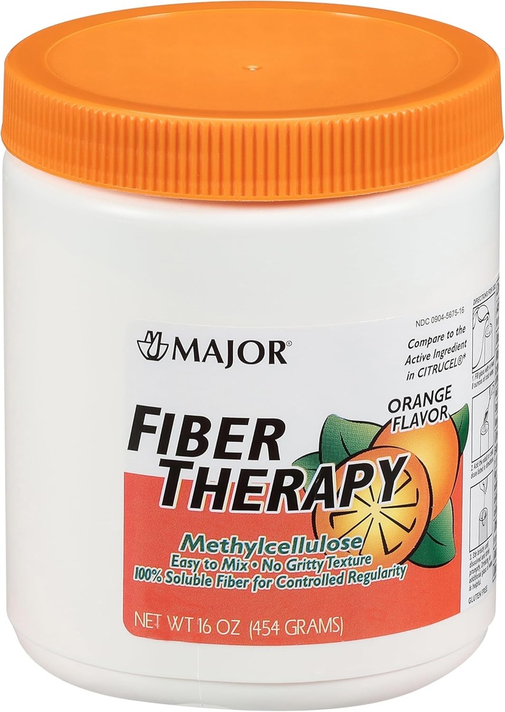MAJOR Fiber Therapy Methylcellulose Powder - Easy to Mix - No Gritty Texture - Soluble Fiber - Helps Control Regularity - Orange Flavor - 16 Oz (1 Pack)