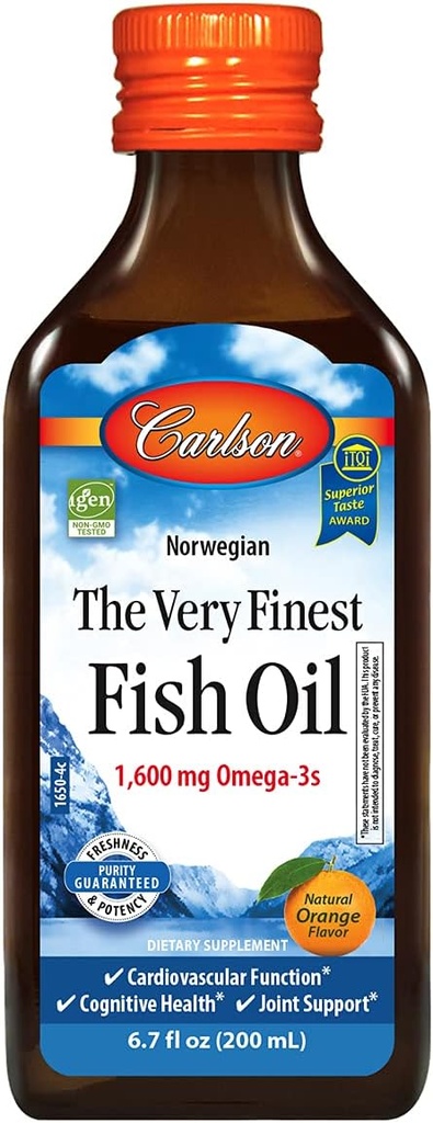 Carlson - L'huile de poisson la plus fine, 1600 mg Oméga-3s, supplément d'huile de poisson liquide, huile de poisson norvégienne, sauvage, huile de poisson d'origine durable liquide, orange, 6,7 Fl Oz