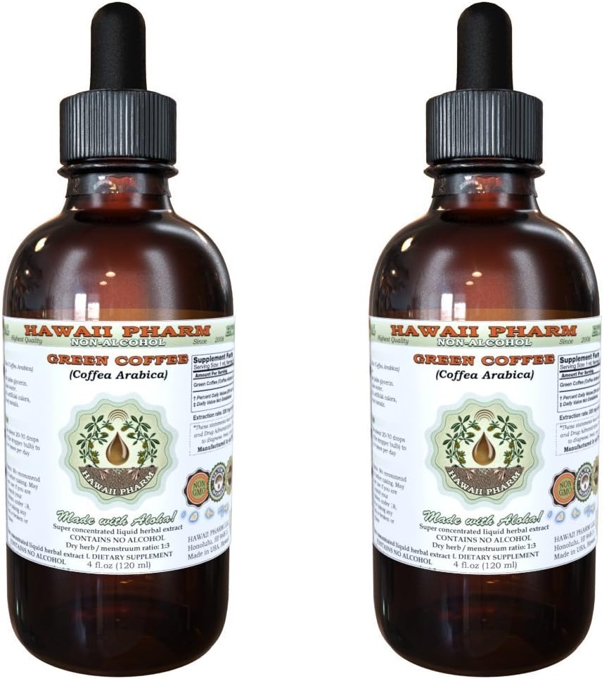 Café vert Extrait liquide sans alcool, café vert (Coffea Arabica) Haricot séché Glycérite Hawaii Pharm supplément naturel à base de plantes 2x2 oz