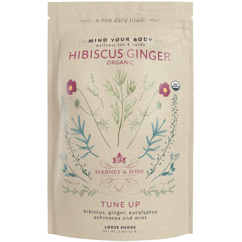 Harney & Sons Organic Hibiscus Ginger Tune-Up Wellness Blend, avec Eucalyptus, Echinacea et Menthe, sac de 5 oz