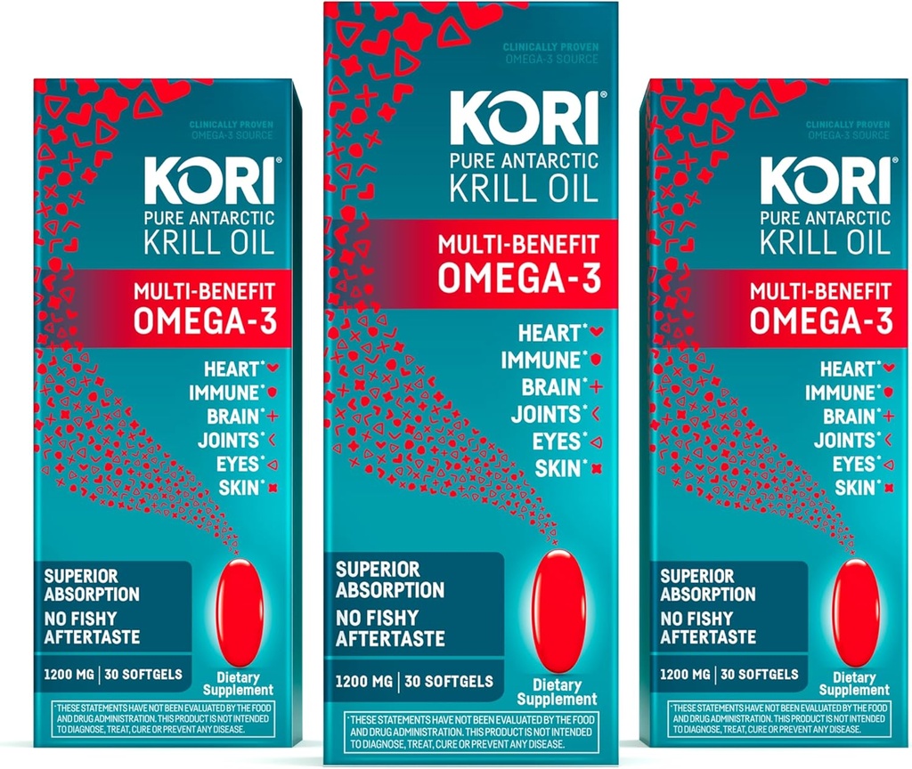 Kori Krill Oil Omega 3 Supplément, Antarctique Krill Oil with Superior Absorption vs Fish Oil, 1200mg Softgels, 30 Softgels, EPA & DHA (Pack of 3)