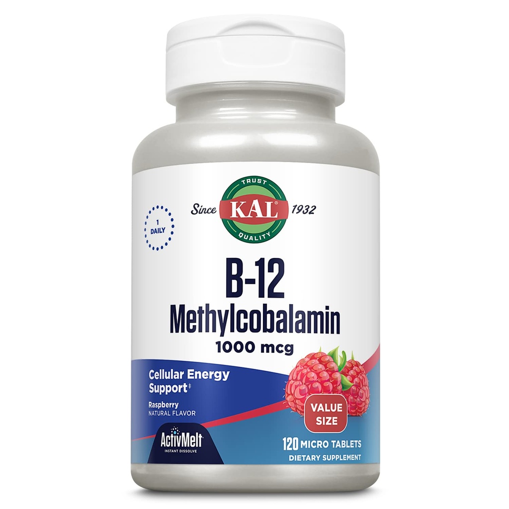 KAL Vitamine B12 méthylcobalamine 1000mcg, Énergie saine, Métabolisme, Nerve et soutien des cellules du sang rouge, rapide Dissolve ActivMelt, haute absorption, végétarien, framboise naturelle, 120 Serv, 120 Micro Tabs