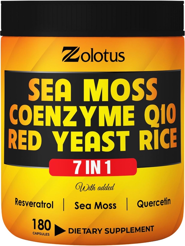 Zolotus 7 en 1 supplément de mousse de mer + Riz de levure rouge, Coenzyme Q10 Capsules, équivalent à 8640mg, avec Quercetin, Resvératrol, Vitamine B3, Vitamine D3, Balance corporelle, Système immunitaire et santé cardiaque