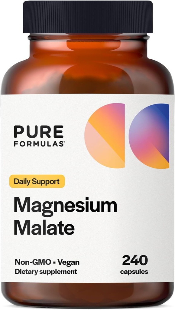 PureFormulas Magnesium Malate Capsules - Chelated Magnesium as Di-Magnesium Malate - Highly Bioavailable Form to Support Energy, Bone Health + Muscle Recovery, malato de magnesio 360 mg - 240 Capsules