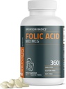 Bronson Folic Acid 800 MCG soutient le développement prénatal, 1 an d'approvisionnement, non-OGM, 360 comprimés