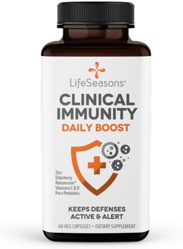 LifeSeasons Immunité clinique - Boost quotidien - Système immunitaire Booster - Pré + Probiotiques - Augmentation des anticorps et cellules immunitaires - Elderberry, Zinc, Natramune & Vitamine C + D3-60 Capsules