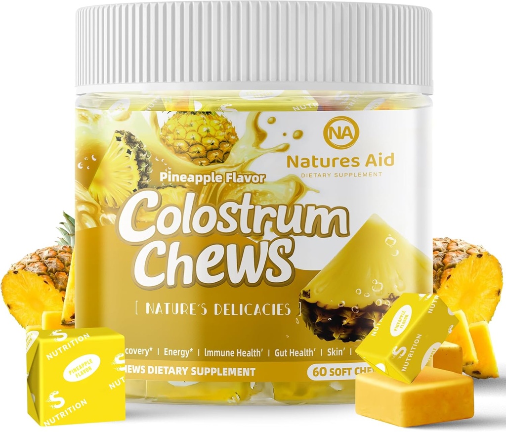 Colostrum Chews Supplément avec des probiotiques pour la santé des gourdes, le bluff, le soutien immunitaire, la peau, la croissance des cheveux et la beauté - ananas Saveur (60 portions)