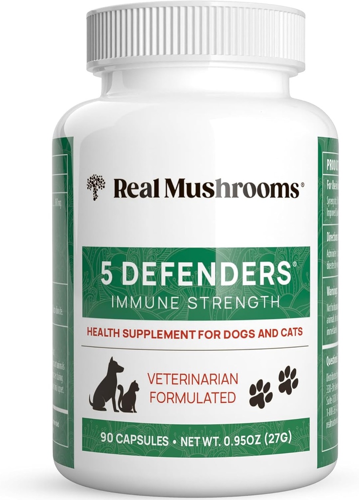 5 Defenders Champignon Supplément pour chats et chiens – Chaga, Shiitake, Reishi, Turquie Tail, Maitake – Cat Multivitamin & Dog Supplément pour le bien-être – 90 ct Real Champignons Capsules de poudre