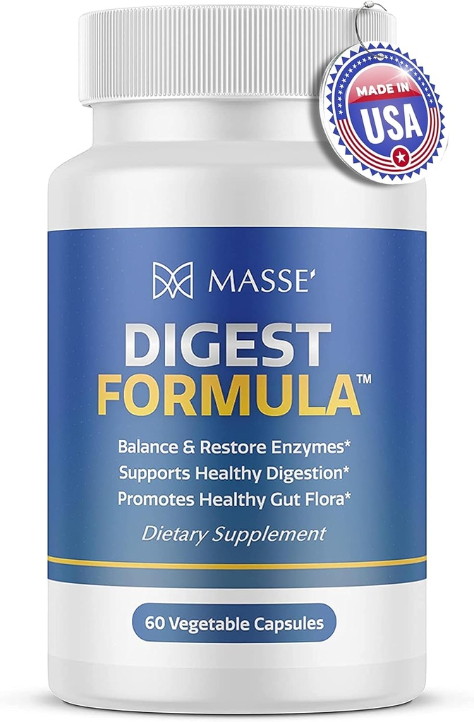 MASSE' Digest Formule Supplément Enzyme Boost Capsules - Formule avancée pour la santé digestive & Gut Flora Support - Supplément enzymatique biologique naturel pour les soins digestifs et la surcroissance- 60 Compte