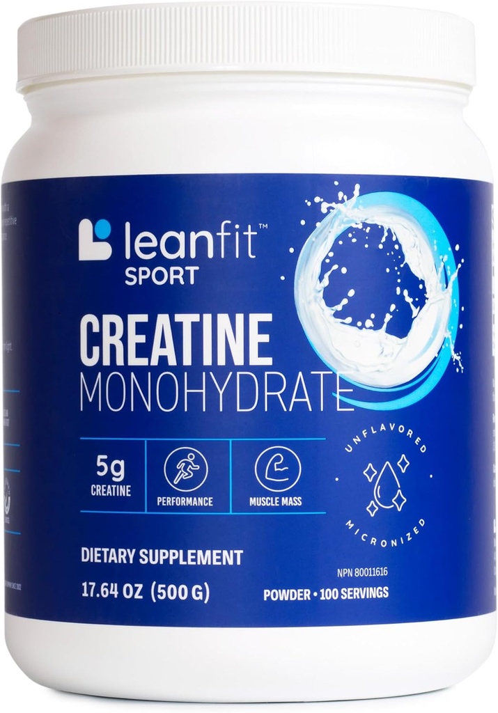 LeanFit Sport CREATINE MONOHYDRATE Poudre non aromatisée - Choix éclairé Créatine de qualité certifiée, micronisée et pharmaceutique, sans gluten, végétalienne – 5g de créatine par portion, 100 portions, 17,64oz Tub