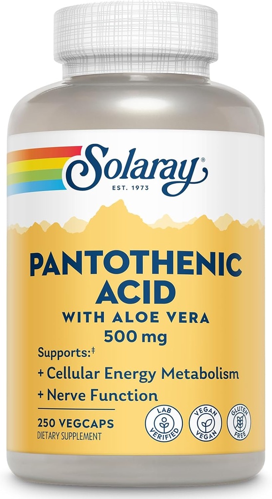 SOLARAY Acide pantothénique 500mg - Supplément d'acide pantothénique (Vitamine B5) - Vitamine complexe essentielle B - Système nerveux et soutien énergétique cellulaire - Vegan, sans gluten, 60 jours Guaratee, 250 portions