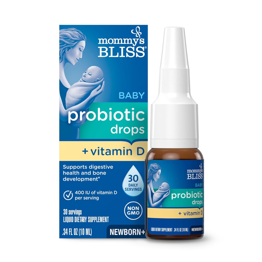 Mommy's Bliss Baby Probiotic Drops + Vitamine D, soutient la santé et l'immunité digestives, 400UI Vitamine D pour le développement sain des os, nouveaux-nés +, sans saveur, 0,34 Fl Oz (30 portions)