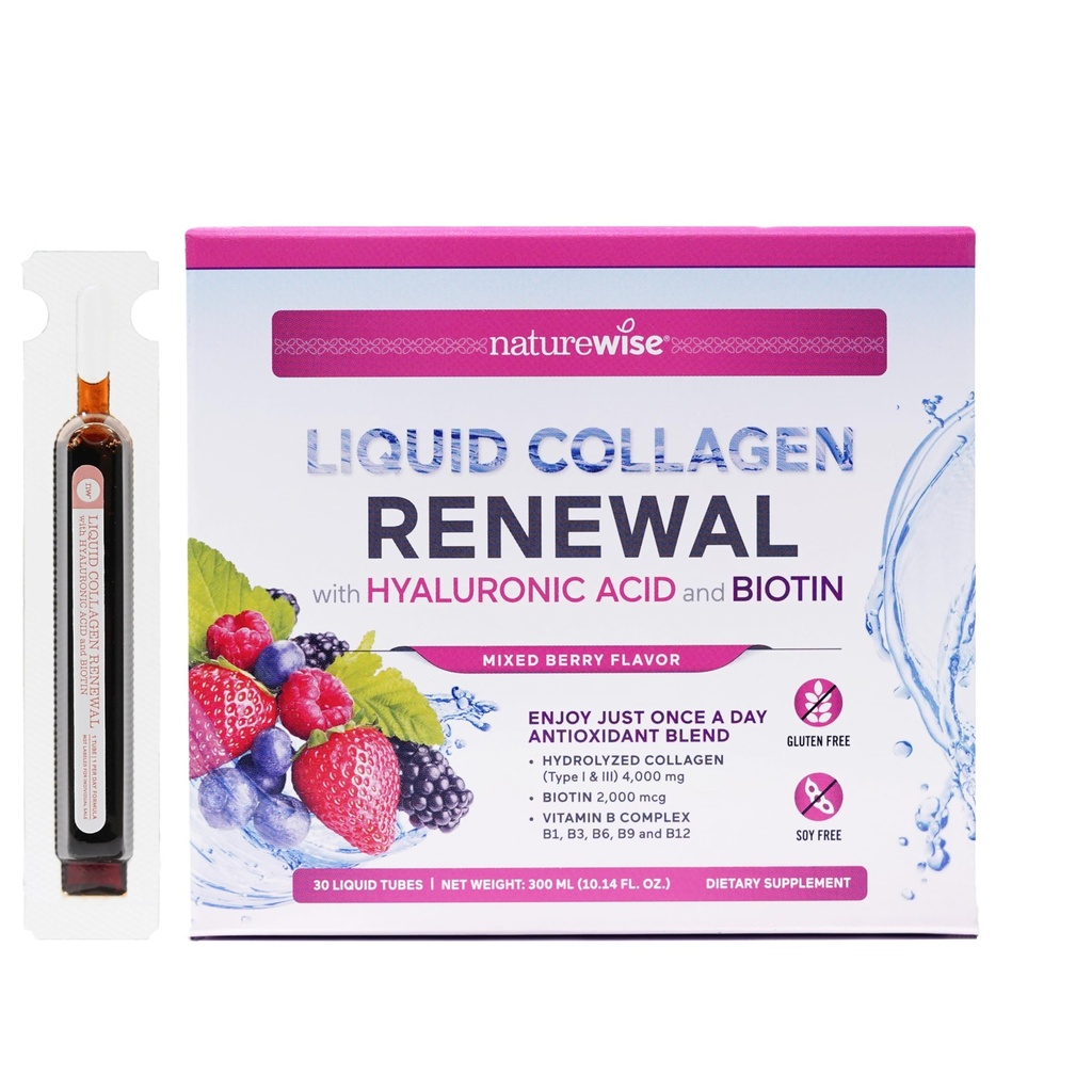 NatureWise Collagène liquide hydrolysé pour les femmes et les hommes 4000mg - Haute absorption, types 1 et 3 Peptides avec Biotine + Vitamine C + Vitamine B complexe et acide hyaluronique - Berry mixte - 30 tubes[30 jours]