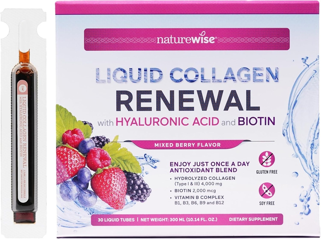 NatureWise Hydrolyzed Liquid Collagen for Women & Men 4000mg - High Absorption, Type 1 & 3 Peptides with Biotin + Vitamin C + Vitamin B Complex & Hyaluronic Acid -Mixed Berry - 30 Tubes[30 Day Supply]
