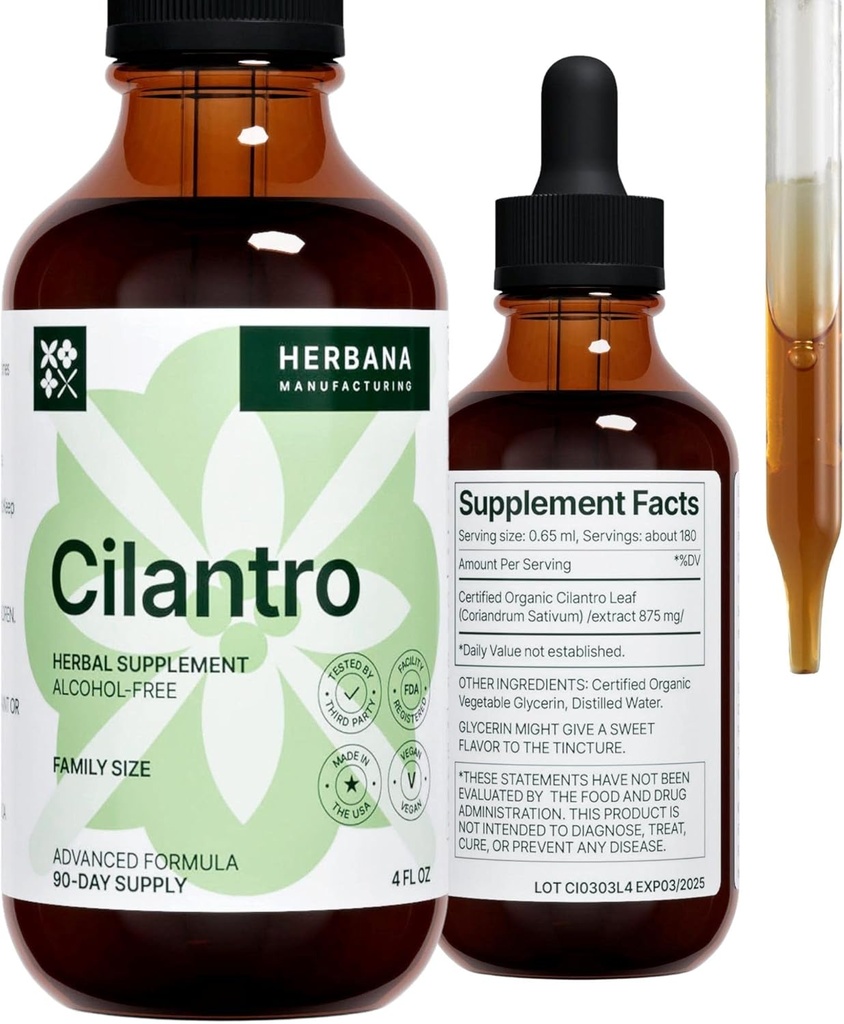 Cilantro Leaf 4 fl oz Extrait liquide - Bio Coriandrum Sativum gouttes pour le nettoyage du corps et de la détox - supplément naturel calmant de teinture à base de plantes pour le système nerveux - haute puissance - 90 jours d'approvisionnement