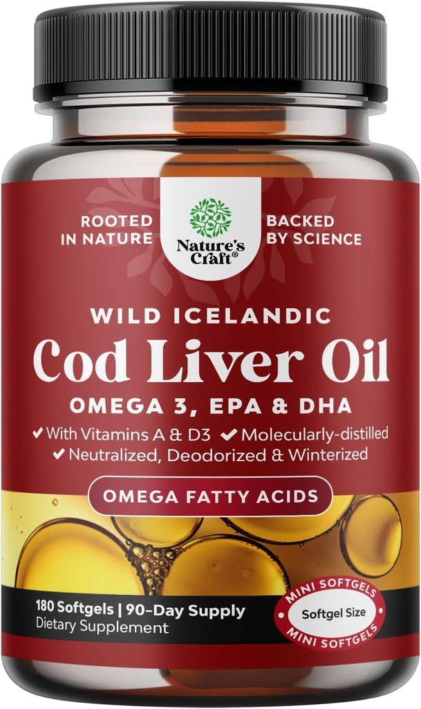 Huile de foie de morue islandaise softgels - Wild Caught EPA DHA Omega 3 Huile de poisson 1000mg par portion - Supplément d'huile de poisson sans Burpless avec vitamine D3 & A pour le cerveau articulaire et le soutien immunitaire