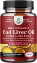Huile de foie de morue islandaise softgels - Wild Caught EPA DHA Omega 3 Huile de poisson 1000mg par portion - Supplément d'huile de poisson sans Burpless avec vitamine D3 & A pour le cerveau articulaire et le soutien immunitaire