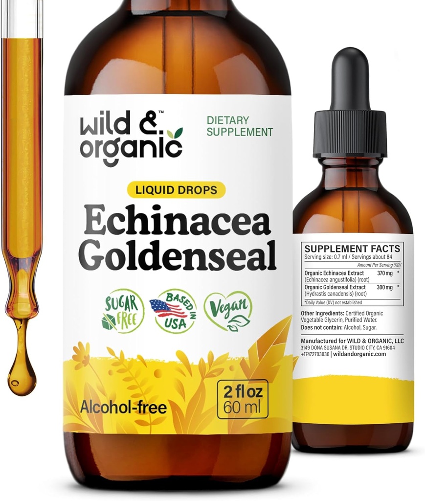 Wild & Organic Echinacea Gouttes liquides de seigle d'or - Supplément de soutien immunitaire avec extrait de racine d'échinacée d'or - Teinture végétalienne, sans sucre et sans alcool - 2 fl oz
