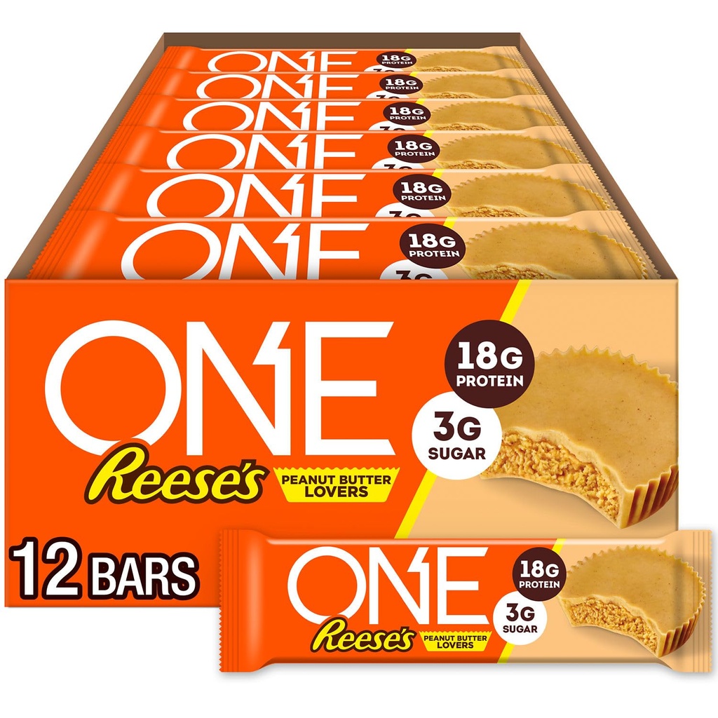 ONE Protein Bars, Reese's Peanut Butter Lovers, Gluten Free with 18g Protein and 3g Sugar, Pantry Staples, 2.12 oz (12 Count)