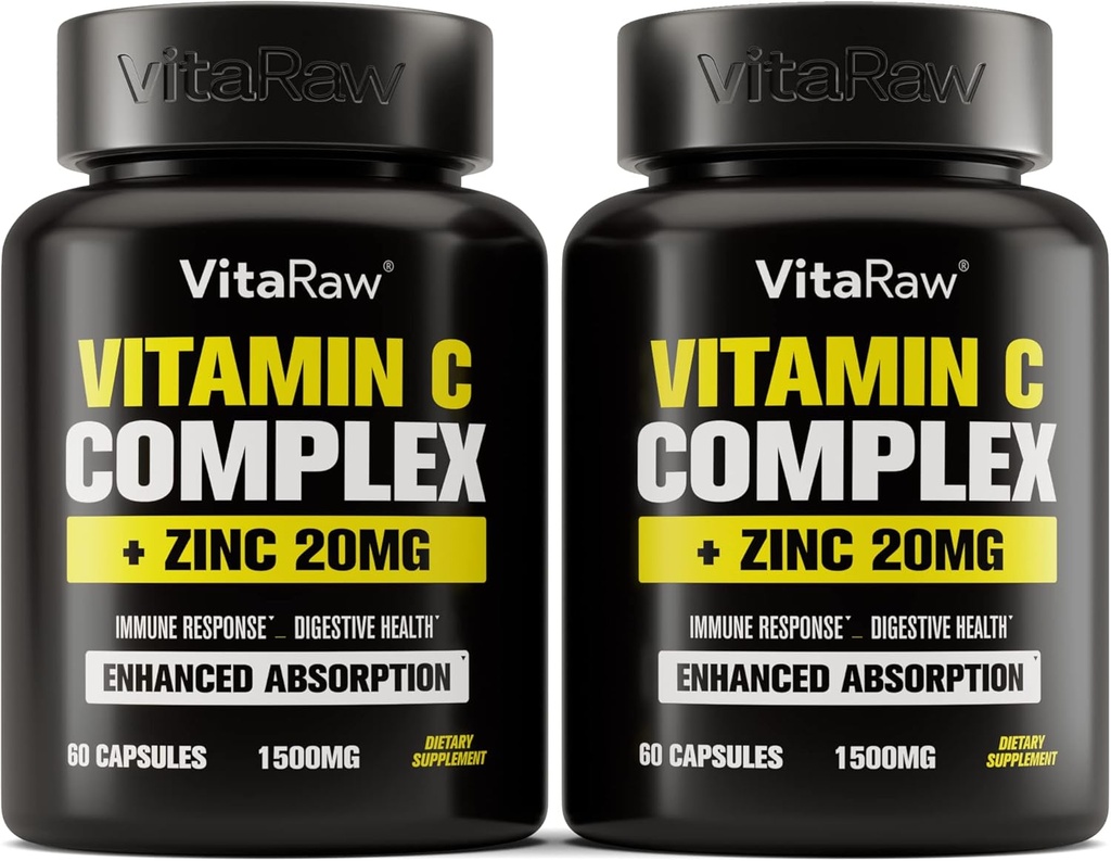 Vitamine C Supplément 2 Pack (120 Capsules de Veggie) - 1500mg avec Zinc 20mg - Complexe de soutien de la vitamine C Immune la plus élevée Absorption - Capsules de vitamine C et vitamines de zinc pour adultes, Vit C Immune Aide Vegan