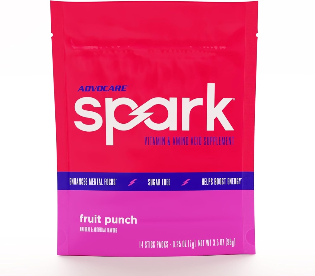 AdvoCare Spark - Mélange de boissons énergisantes - Supplément de vitamine et d'acide amino - Soutiens Énergie et Focus* - Support immunitaire portable* - Sans sucre - Punch aux fruits, 14 Stick Packs (3,5 oz)