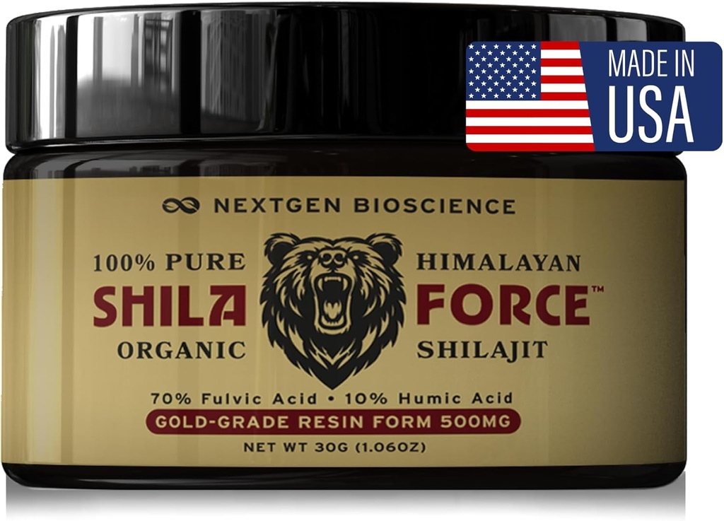 ShilaForceTM Shilajit Pure Gold-Grade Wild-Harvested Himalayan résine vivante biologique - 500mg 70% acide fulvic et 10% acide humique avec 85+ minéraux traces, 30g Fabriqué aux États-Unis, brun