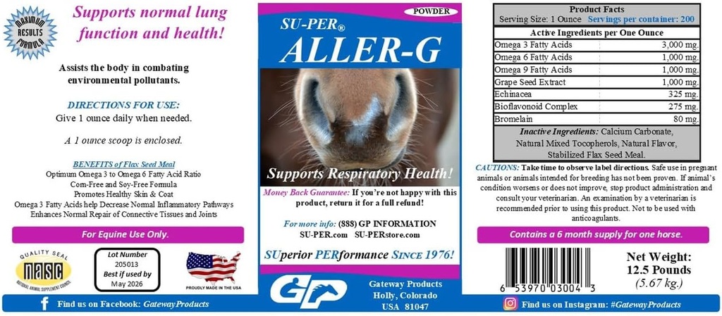 SUPER Aller-G Support respiratoire pour chevaux - Supplément allergique pour chevaux Poudre pour système immunitaire sain et soutien pulmonaire - Combats Allergies et polluants environnementaux - 12,5 livres, 6 mois d'approvisionnement