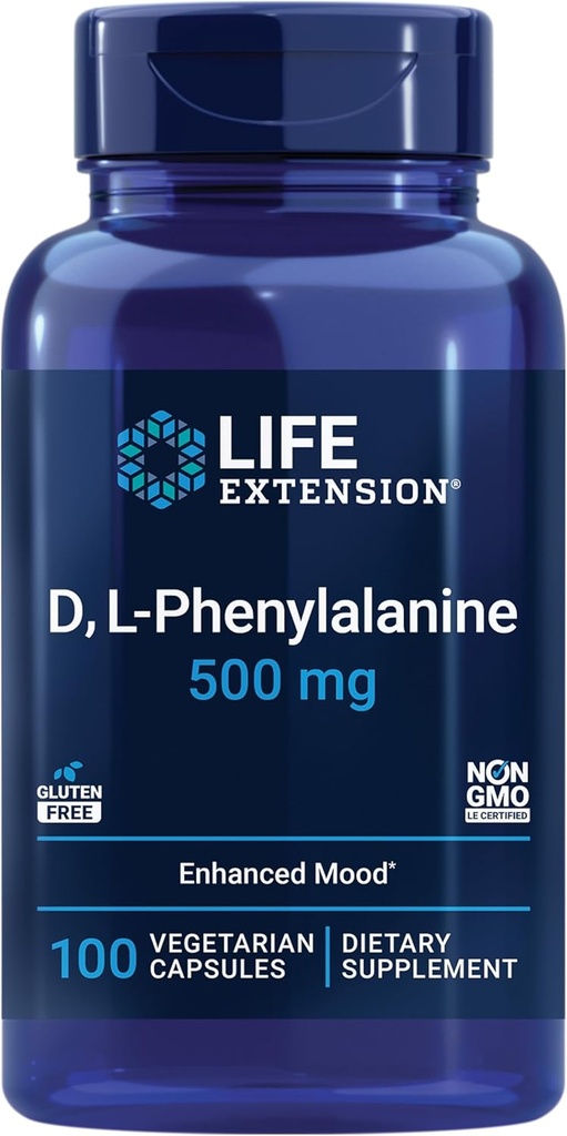 Prolongation de la durée de vie D, Capsules de L-Phénylalanine, 500 mg – soutient la santé de l'humeur, favorise la santé des neurotransmetteurs – sans gluten, sans OGM, végétarien – 100 capsules