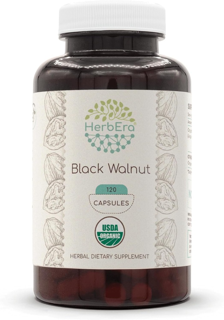 HerbEra Black Walnut USDA Organic 120 Capsules de complément naturel à base de plantes.