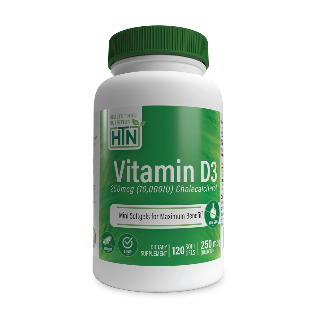 Santé Thru Nutrition Vitamine D3 10 000iu 120 Mini Softgels pour un maximum d'avantages Grade en bio EVOO.Immune Health Support