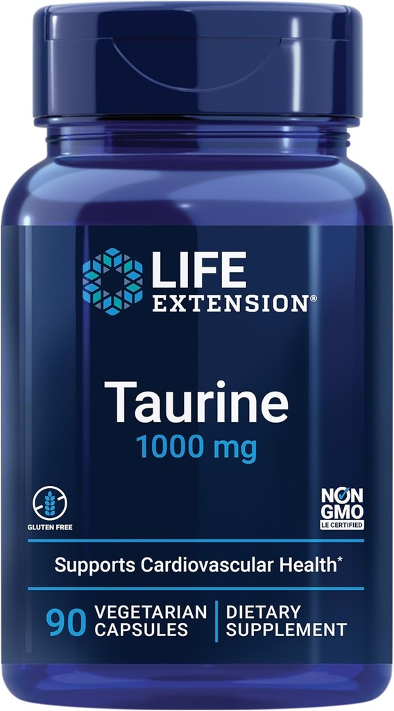 Prolongation de la vie Taurine, supplément d'acide amino-taurine pur, santé du coeur, du foie et du cerveau, longévité, muscles et exercice, dose de 1000 mg, sans OGM, sans gluten, végétarien, 90 capsules végétariennes